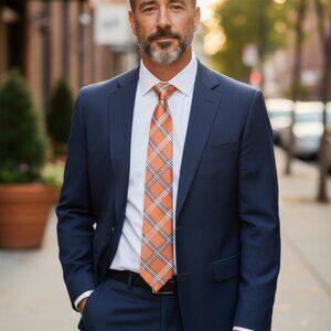 Nautica Orange Plaid Silk Repp Tie Preppy Navy Blue Windowpane